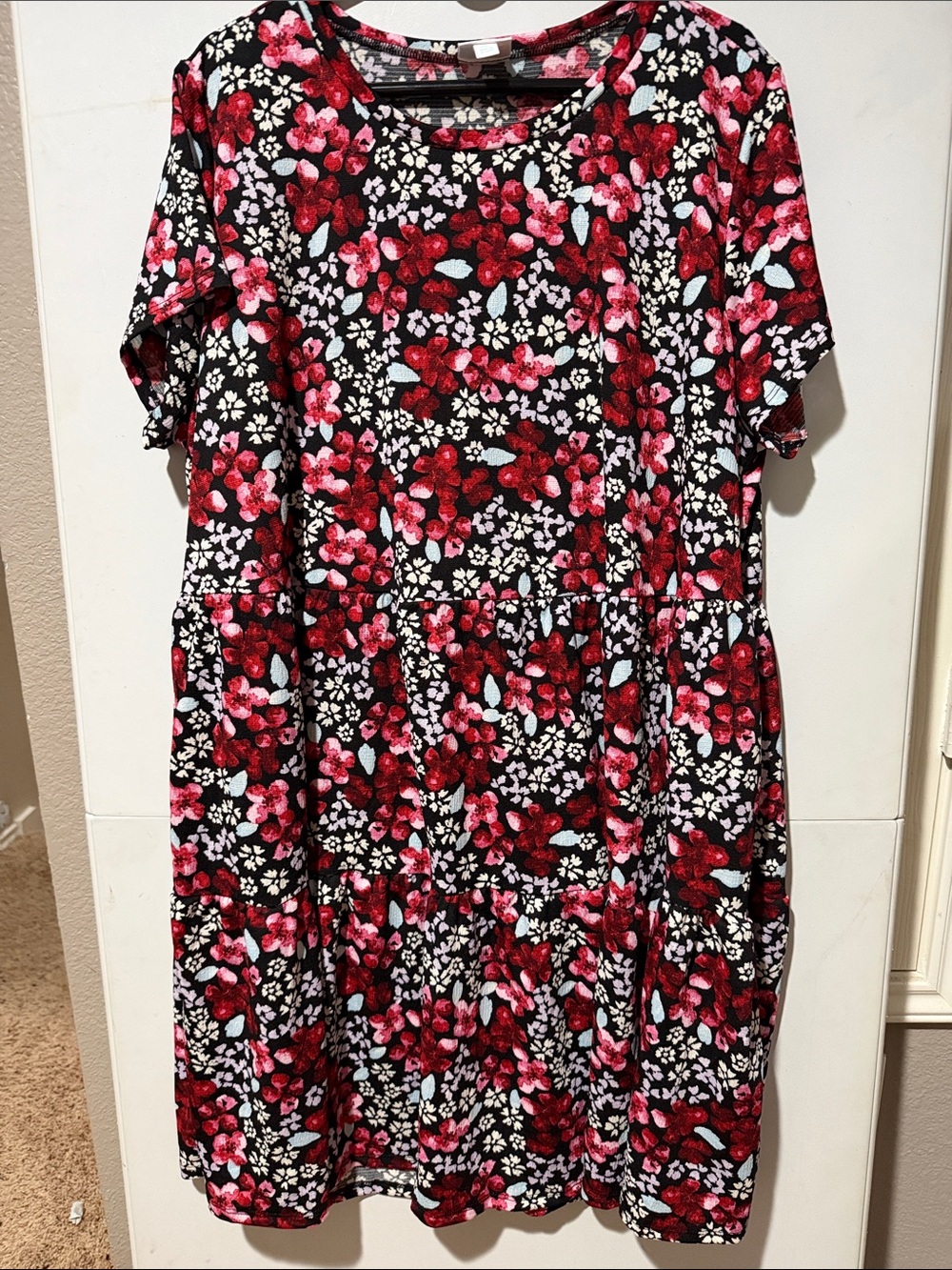 LuLaRoe Ariel Black Floral Midi Dress with Red and Pink Blossoms